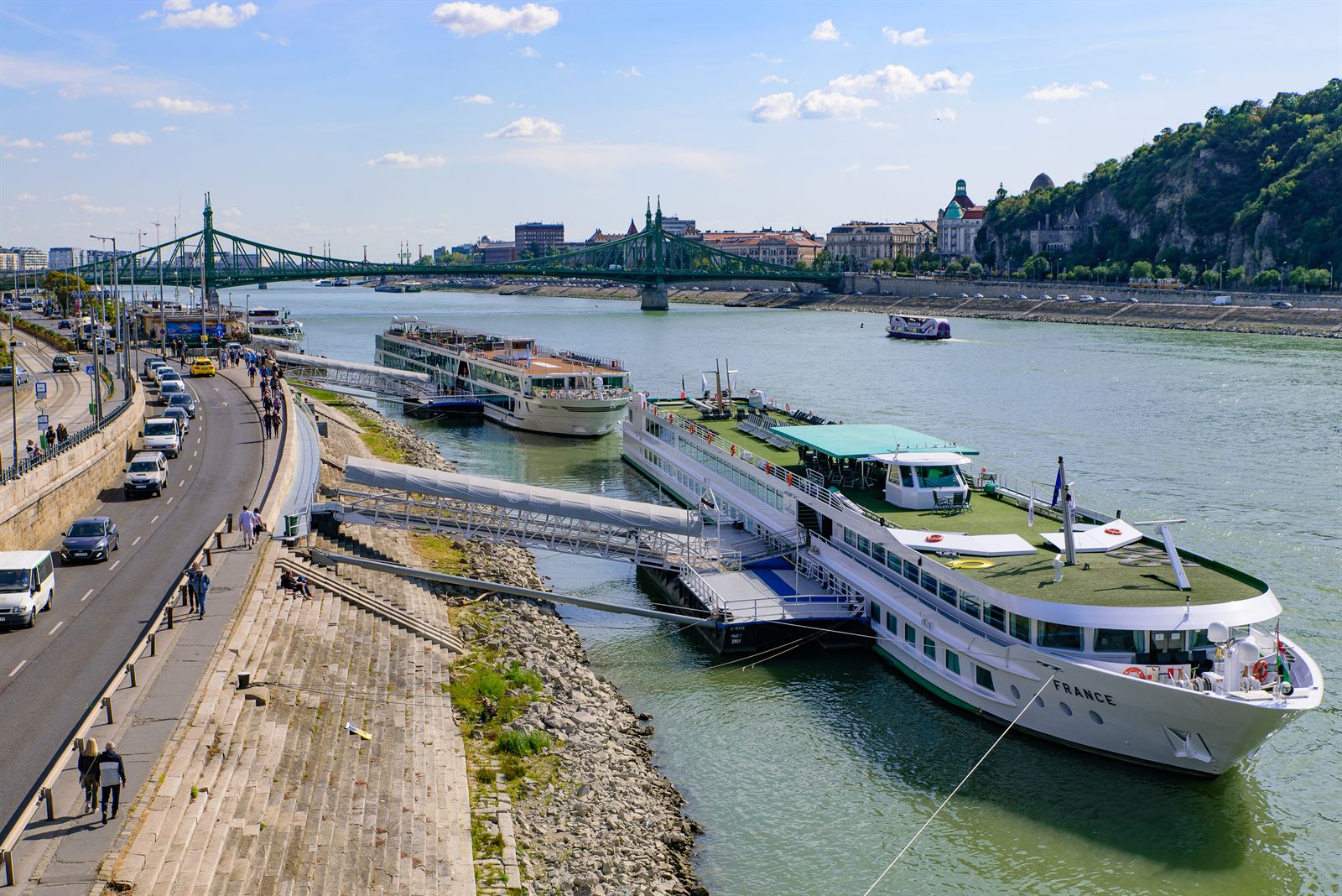 River cruise ships docked along the Danube embankment in Budapest